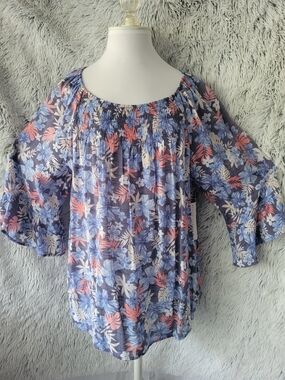 Counterparts Floral Off-Shoulder Peasant Blouse - Blue & Pink